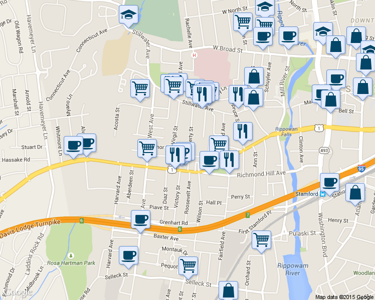 map of restaurants, bars, coffee shops, grocery stores, and more near 38 Liberty Street in Stamford