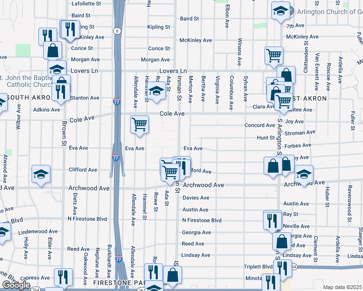 map of restaurants, bars, coffee shops, grocery stores, and more near 1057 Inman Street in Akron