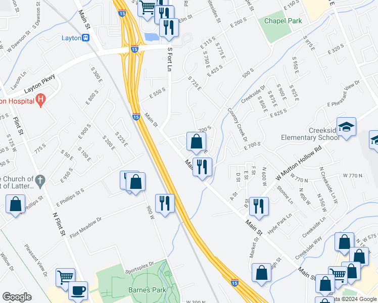 map of restaurants, bars, coffee shops, grocery stores, and more near 779 South Main Street in Layton