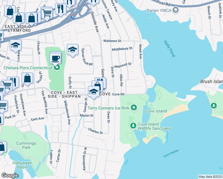 map of restaurants, bars, coffee shops, grocery stores, and more near 3 Dora Street in Stamford