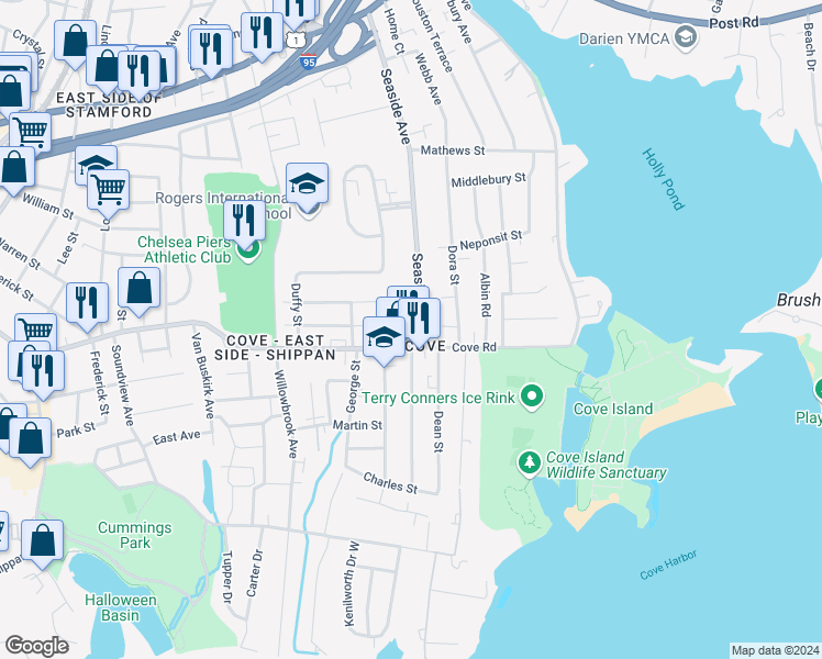 map of restaurants, bars, coffee shops, grocery stores, and more near 300 Seaside Avenue in Stamford