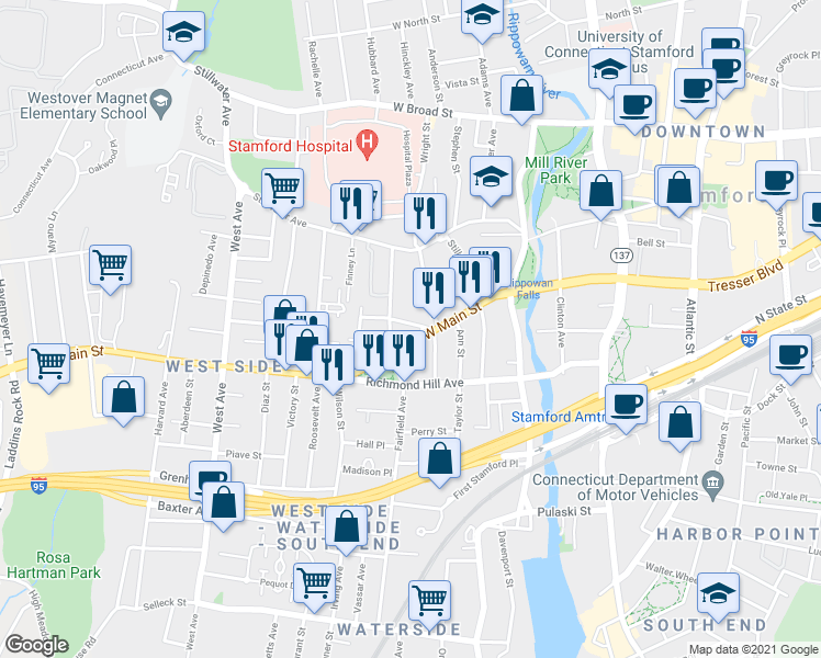 map of restaurants, bars, coffee shops, grocery stores, and more near in Stamford