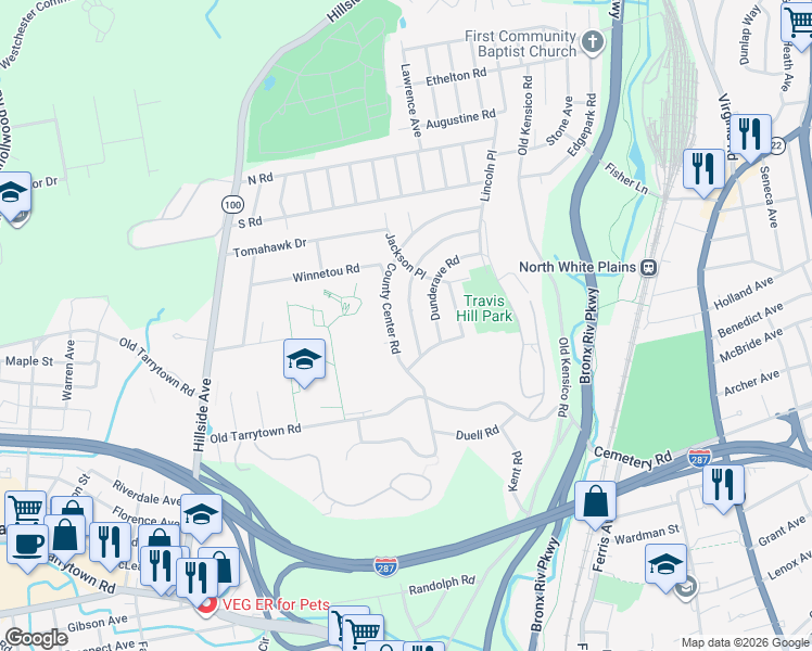 map of restaurants, bars, coffee shops, grocery stores, and more near 41 Manitou Trail in White Plains