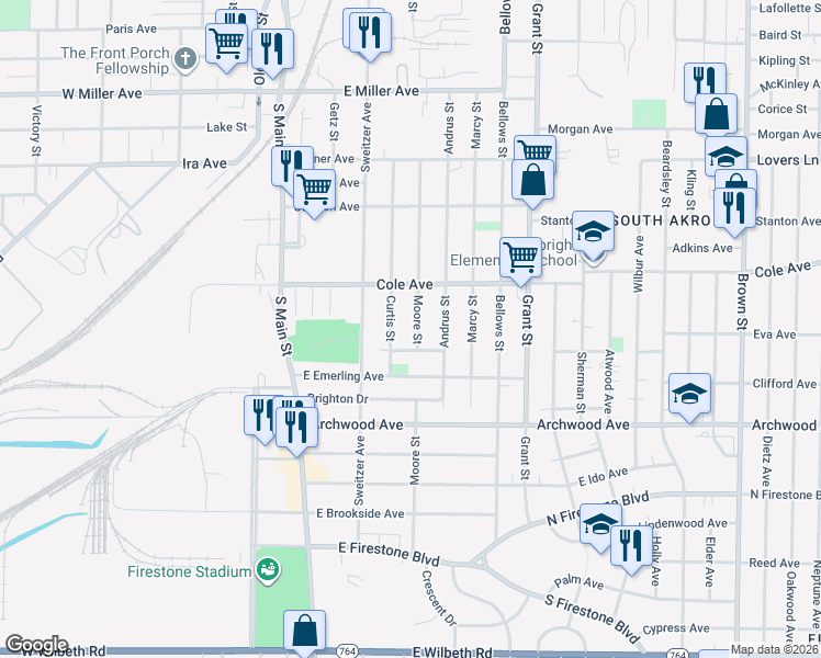map of restaurants, bars, coffee shops, grocery stores, and more near 1389 Curtis Street in Akron