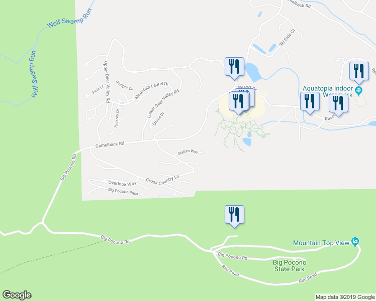 map of restaurants, bars, coffee shops, grocery stores, and more near Slalom Way in Tannersville