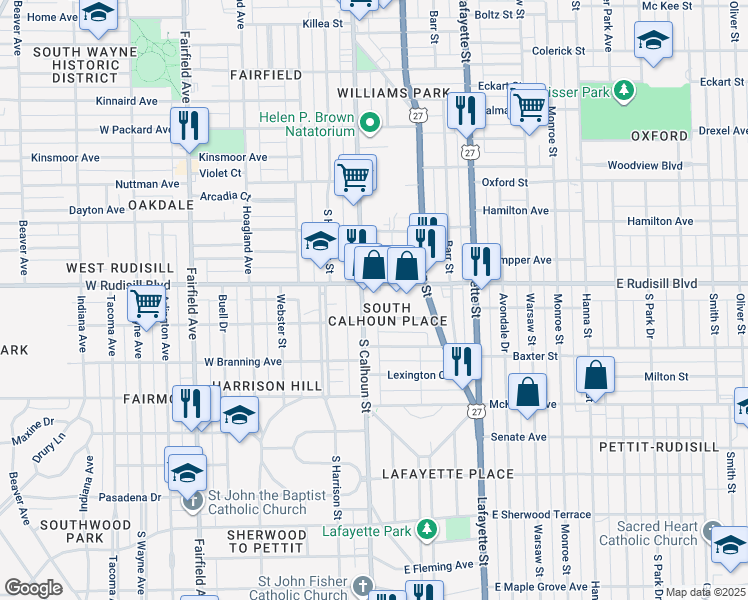 map of restaurants, bars, coffee shops, grocery stores, and more near 3931 South Calhoun Street in Fort Wayne
