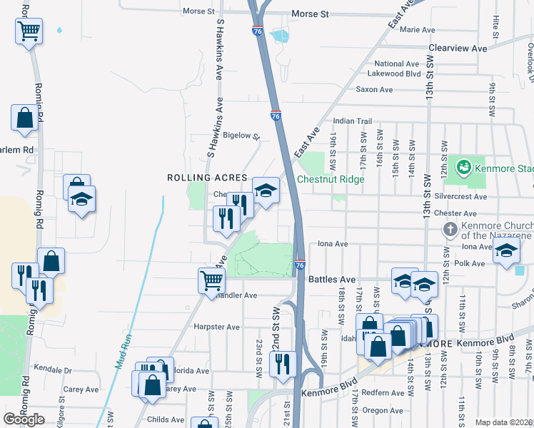 map of restaurants, bars, coffee shops, grocery stores, and more near 1999 East Avenue in Akron