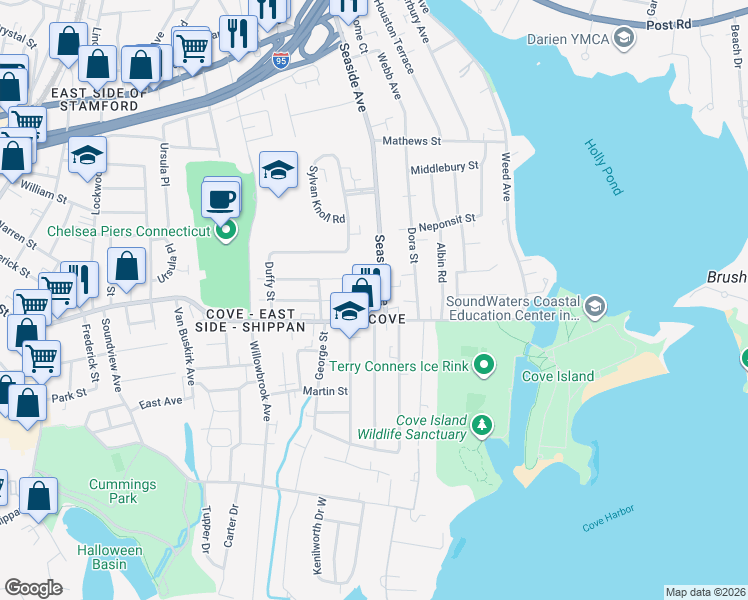 map of restaurants, bars, coffee shops, grocery stores, and more near 300 Seaside Avenue in Stamford