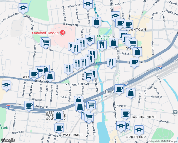 map of restaurants, bars, coffee shops, grocery stores, and more near 28 Rose Park Avenue in Stamford