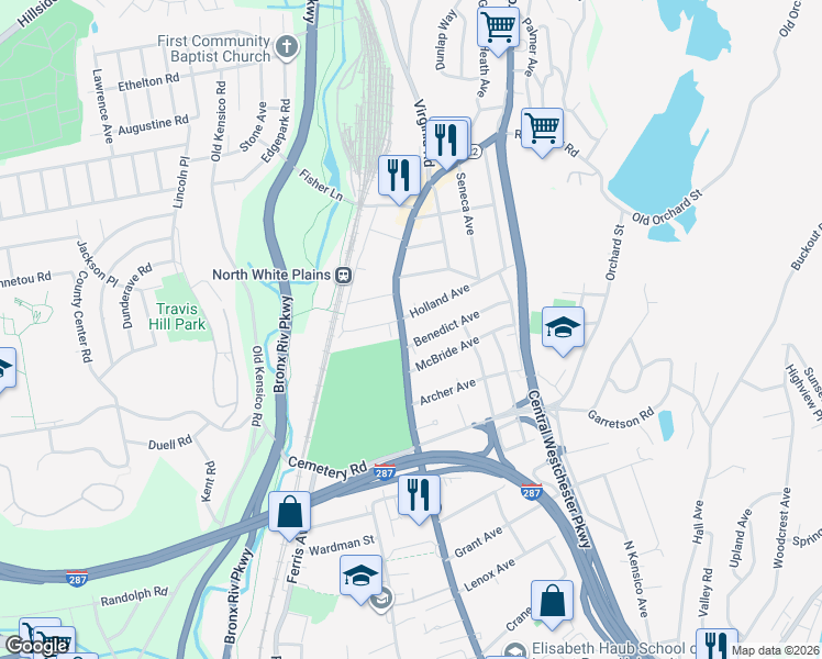 map of restaurants, bars, coffee shops, grocery stores, and more near 450 North Broadway in White Plains