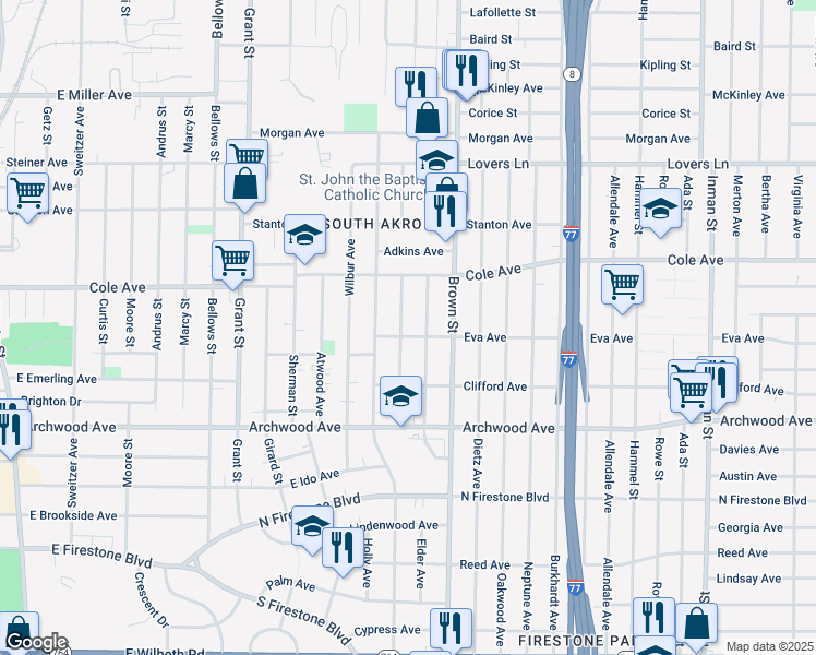 map of restaurants, bars, coffee shops, grocery stores, and more near 1190 Tulip Street in Akron
