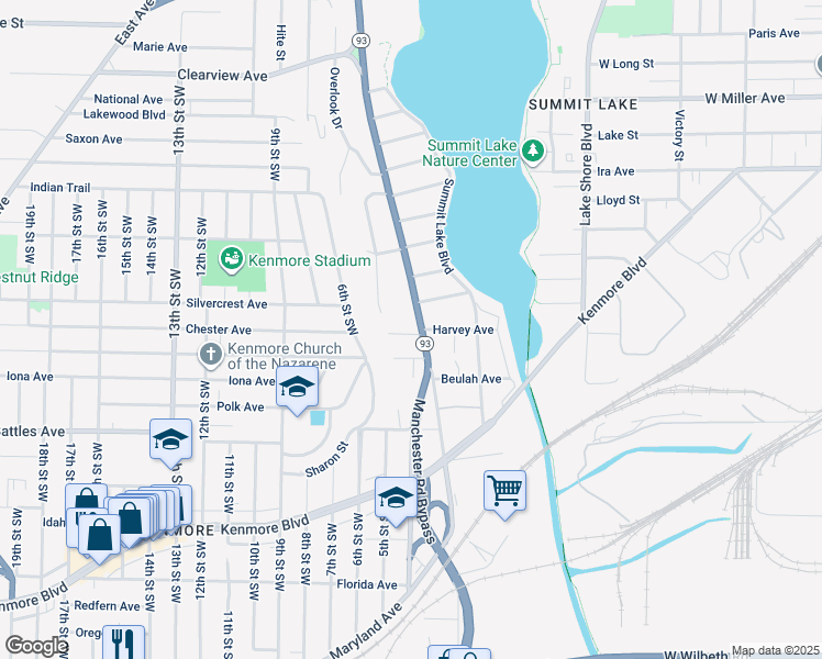 map of restaurants, bars, coffee shops, grocery stores, and more near 1835 Manchester Road in Akron