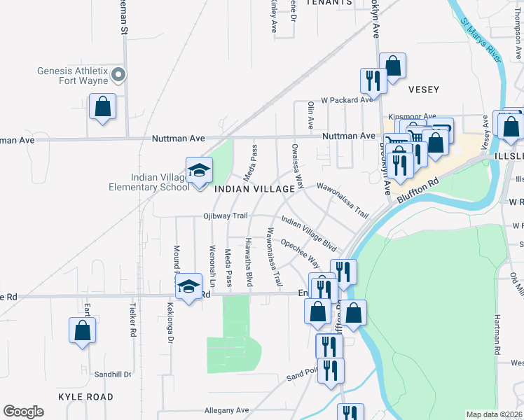 map of restaurants, bars, coffee shops, grocery stores, and more near 3800-3824 Wawonaissa Trail in Fort Wayne