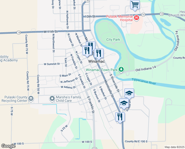 map of restaurants, bars, coffee shops, grocery stores, and more near 221 South Logan Street in Winamac