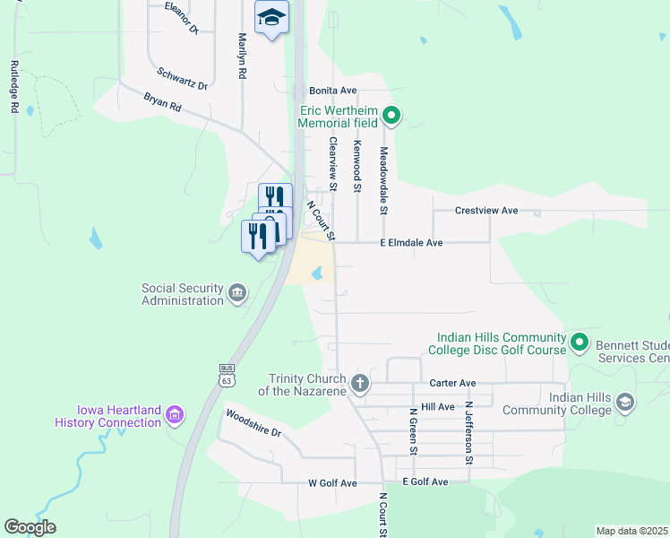 map of restaurants, bars, coffee shops, grocery stores, and more near 216 North Court Street in Ottumwa