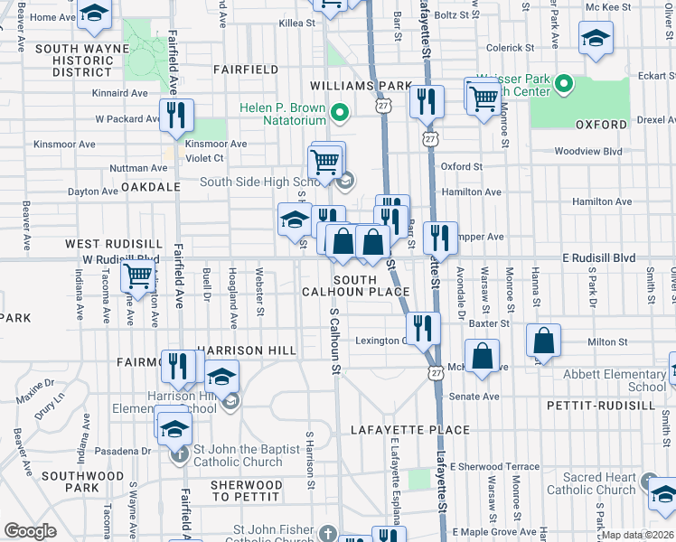 map of restaurants, bars, coffee shops, grocery stores, and more near 3931 South Calhoun Street in Fort Wayne