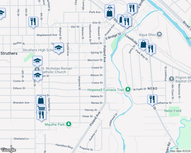 map of restaurants, bars, coffee shops, grocery stores, and more near 49 Como Street in Struthers