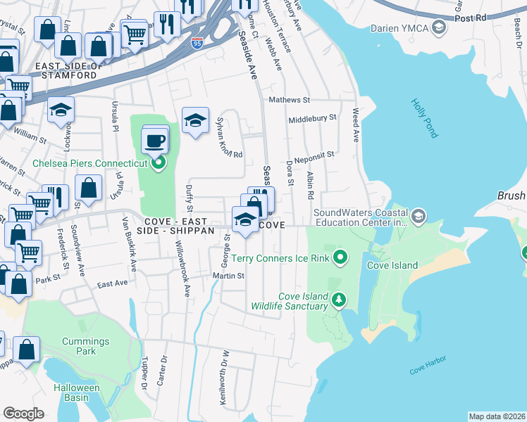 map of restaurants, bars, coffee shops, grocery stores, and more near 300 Seaside Avenue in Stamford