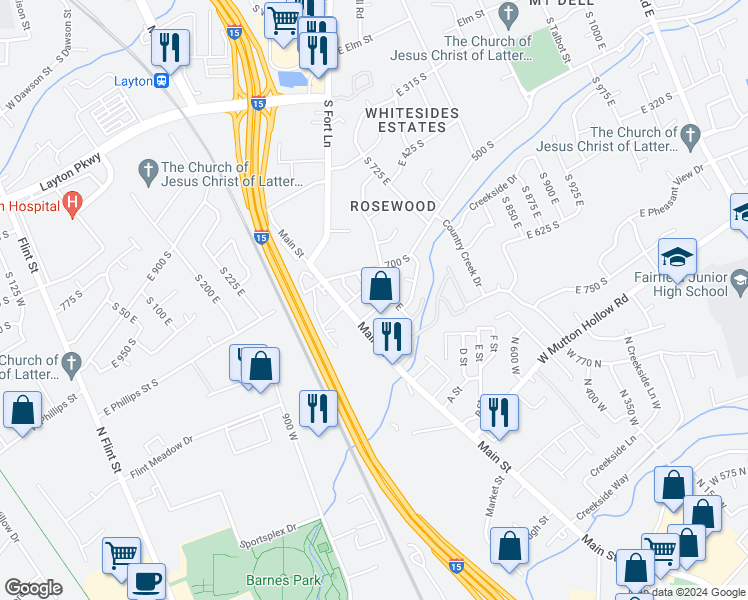 map of restaurants, bars, coffee shops, grocery stores, and more near 569 East Rosewood Way South in Layton