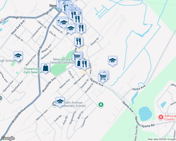 map of restaurants, bars, coffee shops, grocery stores, and more near 74 County Road 616 in Newton