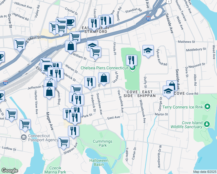 map of restaurants, bars, coffee shops, grocery stores, and more near 34 Saint Benedict Circle in Stamford