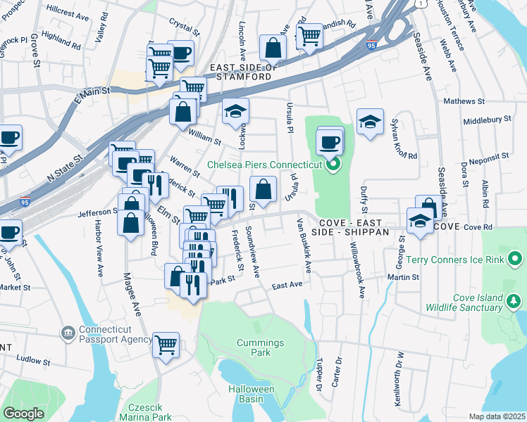 map of restaurants, bars, coffee shops, grocery stores, and more near 34 Saint Benedict Circle in Stamford