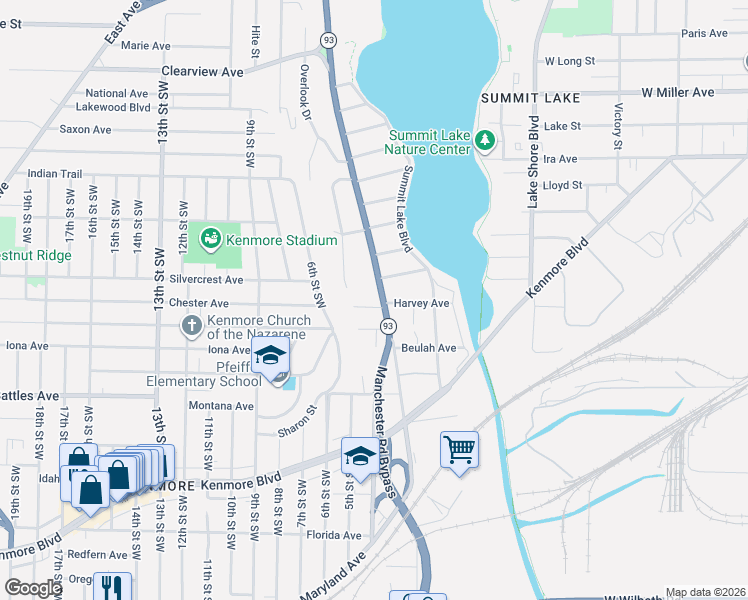 map of restaurants, bars, coffee shops, grocery stores, and more near 1835 Manchester Road in Akron