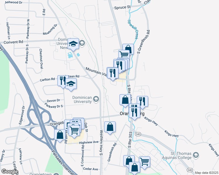 map of restaurants, bars, coffee shops, grocery stores, and more near 22 Mountain View Avenue in Orangeburg