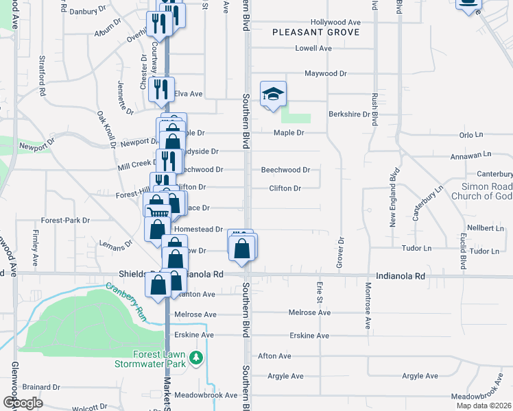map of restaurants, bars, coffee shops, grocery stores, and more near 4891 Southern Boulevard in Youngstown