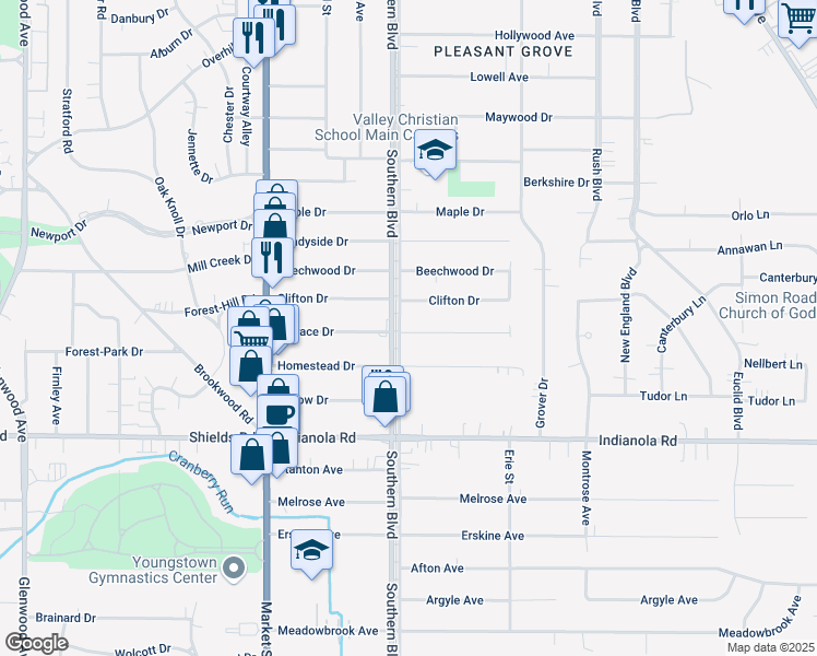 map of restaurants, bars, coffee shops, grocery stores, and more near 4891 Southern Boulevard in Youngstown