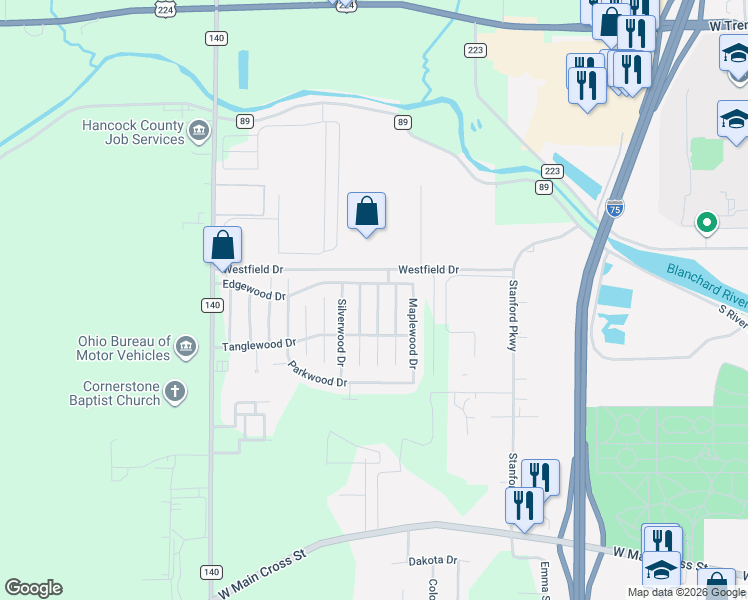 map of restaurants, bars, coffee shops, grocery stores, and more near 8179 Redwood Drive in Findlay
