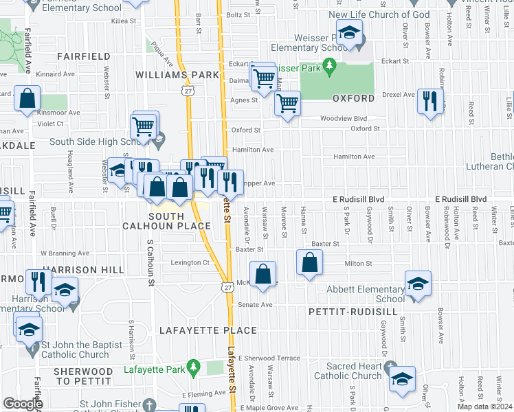 map of restaurants, bars, coffee shops, grocery stores, and more near 518 East Rudisill Boulevard in Fort Wayne