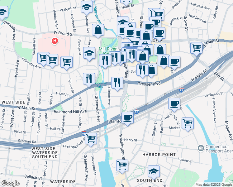 map of restaurants, bars, coffee shops, grocery stores, and more near 750 Washington Boulevard in Stamford