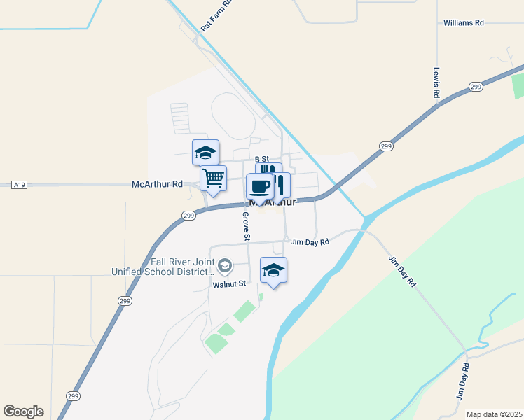 map of restaurants, bars, coffee shops, grocery stores, and more near 44225 California 299 in McArthur