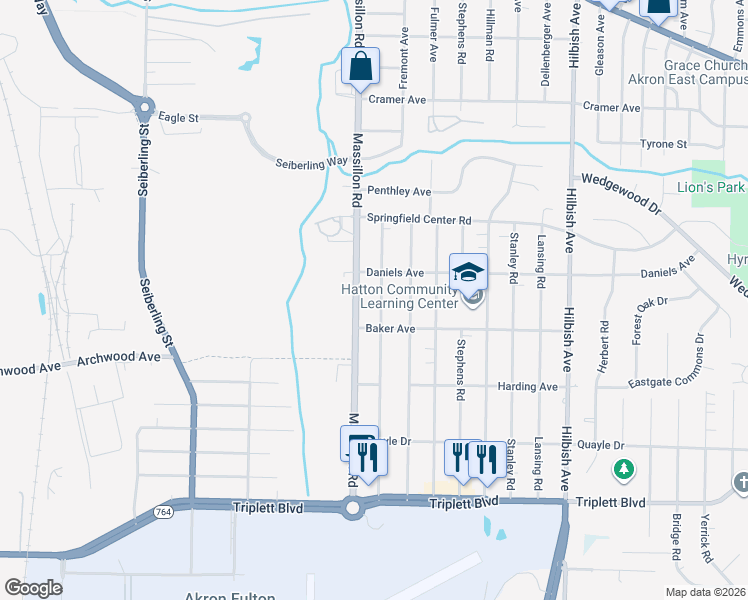 map of restaurants, bars, coffee shops, grocery stores, and more near 386 Baldwin Road in Akron