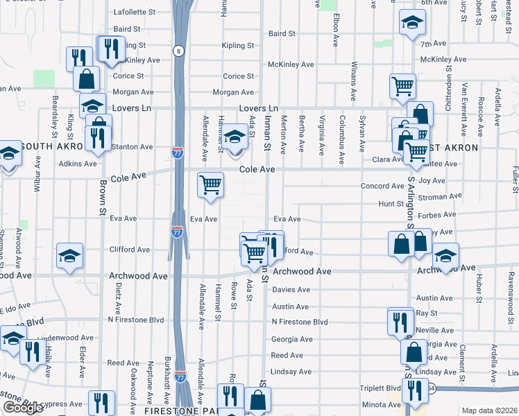 map of restaurants, bars, coffee shops, grocery stores, and more near 766 Wren Walk in Akron