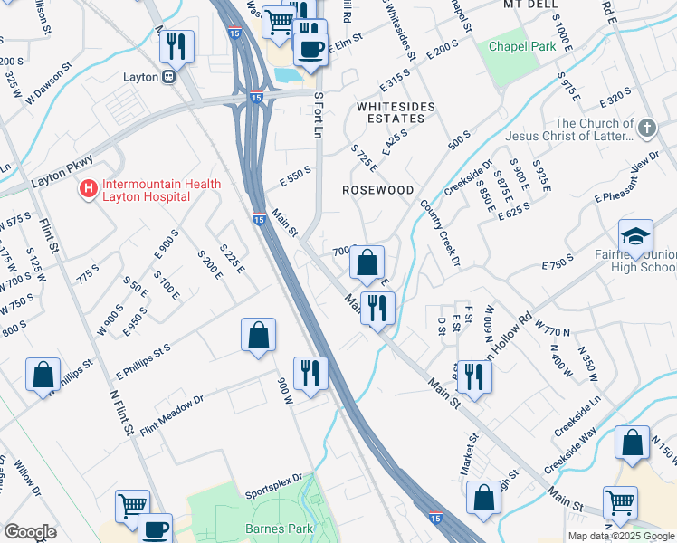 map of restaurants, bars, coffee shops, grocery stores, and more near 69 East 700 South in Layton
