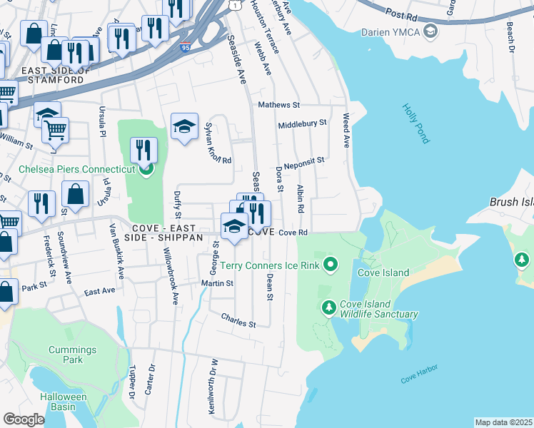 map of restaurants, bars, coffee shops, grocery stores, and more near 246 Seaside Avenue in Stamford