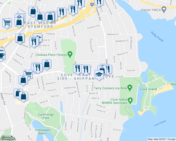 map of restaurants, bars, coffee shops, grocery stores, and more near 60 Palmer Avenue in Stamford