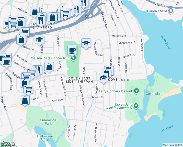 map of restaurants, bars, coffee shops, grocery stores, and more near 9 Palmer Avenue in Stamford