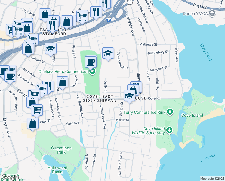 map of restaurants, bars, coffee shops, grocery stores, and more near 9 Palmer Avenue in Stamford