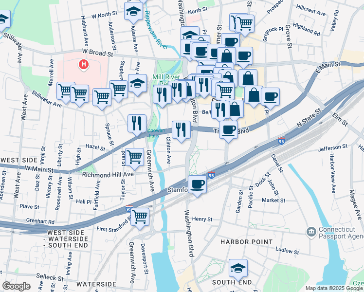 map of restaurants, bars, coffee shops, grocery stores, and more near 75 Tresser Boulevard in Stamford