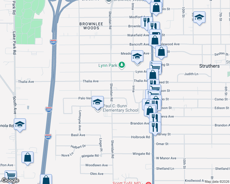 map of restaurants, bars, coffee shops, grocery stores, and more near 1923 Thalia Avenue in Youngstown