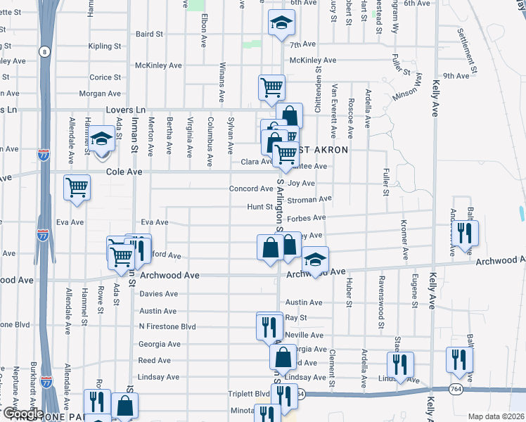 map of restaurants, bars, coffee shops, grocery stores, and more near 1006 Concord Avenue in Akron