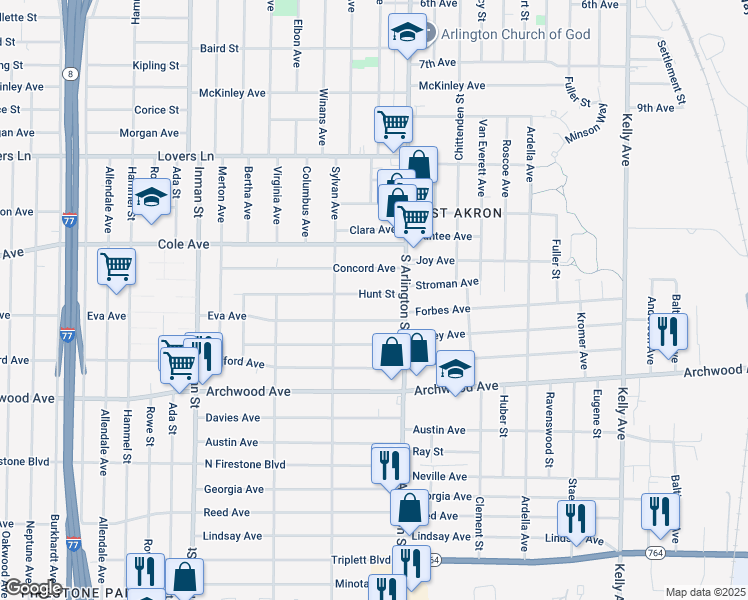 map of restaurants, bars, coffee shops, grocery stores, and more near 1006 Concord Avenue in Akron