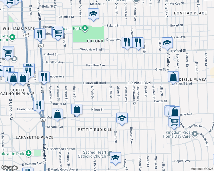 map of restaurants, bars, coffee shops, grocery stores, and more near 1001 East Rudisill Boulevard in Fort Wayne