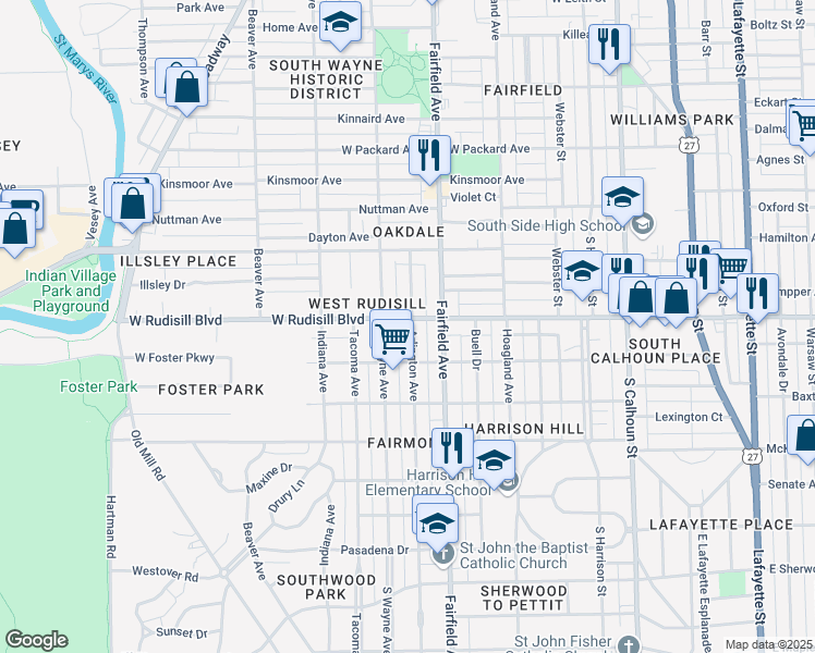 map of restaurants, bars, coffee shops, grocery stores, and more near 3814 Arlington Avenue in Fort Wayne