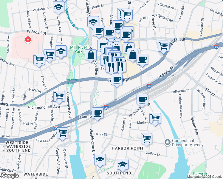 map of restaurants, bars, coffee shops, grocery stores, and more near 421 Atlantic Street in Stamford
