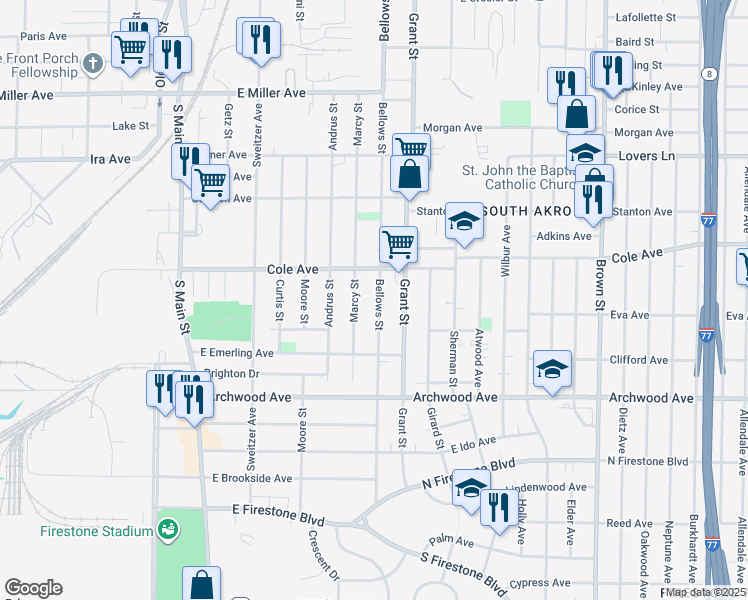 map of restaurants, bars, coffee shops, grocery stores, and more near 1214 Bellows Street in Akron