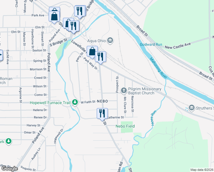 map of restaurants, bars, coffee shops, grocery stores, and more near 37 Grace Street in Struthers